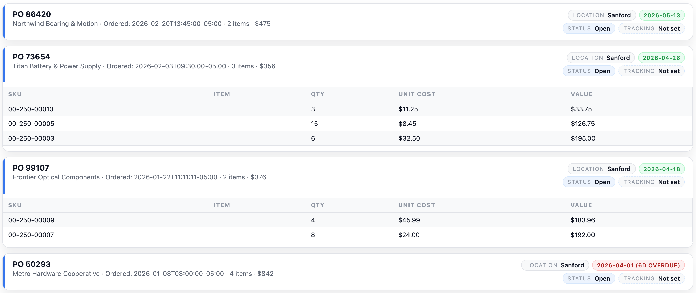 Inventory Control Center incoming purchase orders screenshot
